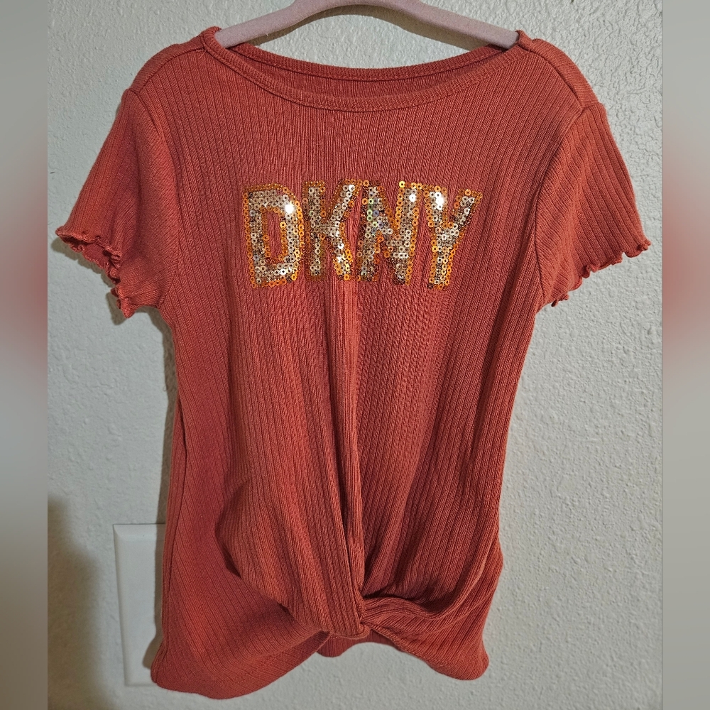 DKNY Coral Orange Sequin Logo Twist Front Short Sleeve Top and Striped Pants
